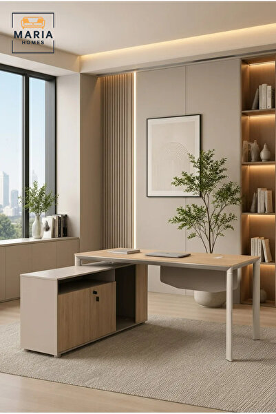 MARIA HOMES Modern Executive Office Desk with Side Storage Cabinet – Wooden C...