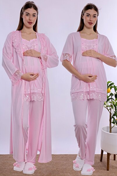 ByLohusa Cotton Long Robe Maternity Nursing Pajama Set Effortt - Pink