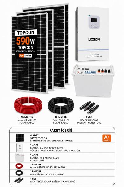 Lexron 6.2 Kva 6200w Mppt + 51.2v 100ah Lityum Akü + 4x590w Güneş Paneli Sola...