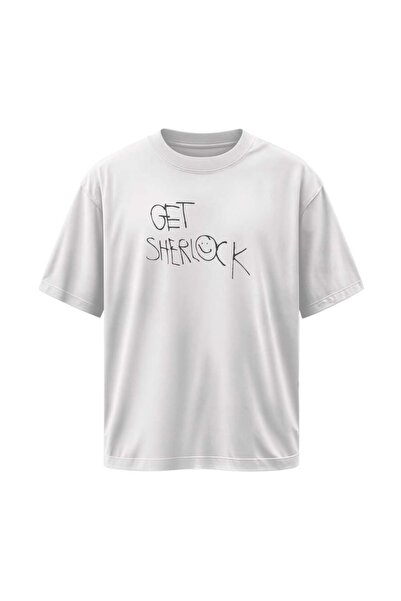 buzagi tasarım ürünleri Sherlock Unisex Oversize White T-Shirt