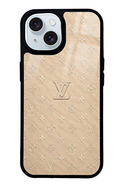 Spoyi iPhone 15 Bej Gold LV Tasarımlı Glossy Telefon Kılıfı