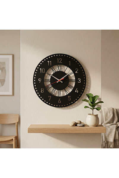 ReklamX Modern Roma Ve Latin Rakamlı Ahşap Duvar Saati 30x30 cm Dekoratif Saat