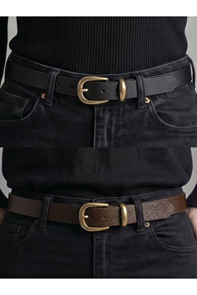 Kemerix 100% Genuine Leather Set of 2 Women's 2.8 cm Jean Belt with Antique B...
