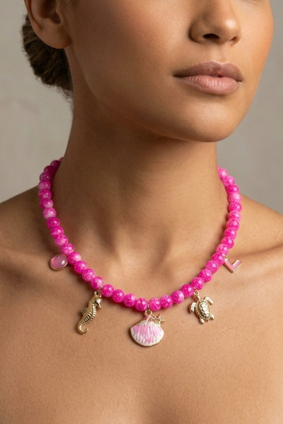 PETEK AKSESUAR Pink Alaçati Glass Bead Sea Shell Charm Necklace