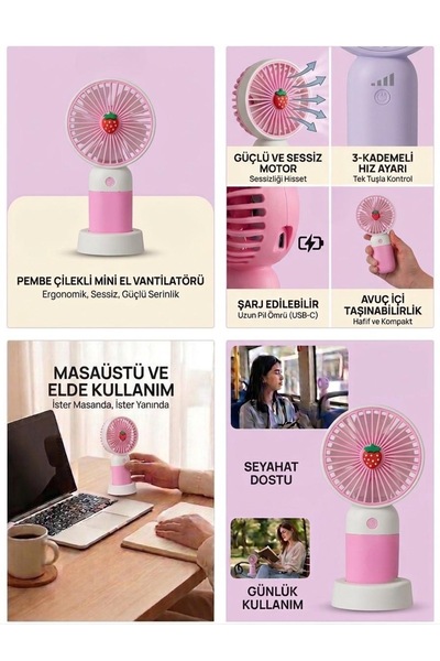 METE MUM SEVİMLİ FİGÜRLÜ ŞARJLI TAŞINABİLİR MİNİ EL VANTİLATÖRÜ MASAÜSTÜ SESS...