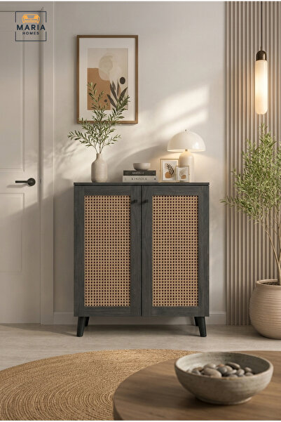 MARIA HOMES Modern Grey Rattan Storage Cabinet with Cane Doors and Scandinavi...