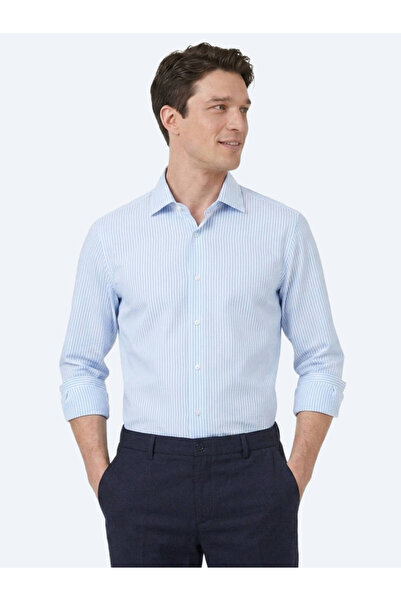 Kip Light Blue Striped Regular Fit Long Woven Casual Cotton Blend Shirt