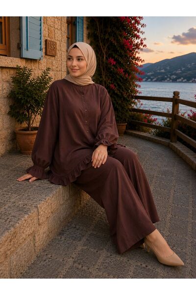 HİRA LİFE FASHİON Women's Strawberry Fabric Stand Collar Buttoned Ruffle Detailed Hijab Tunic Pants Double Set