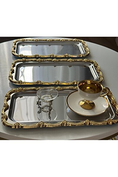 MAHUR HOME 3 ADET ÇELİK BÜYÜK DİKDÖRTGEN MODEL GOLD ÇERÇEVELİ SERVİS TEPSİSİ ...