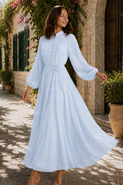 benguen Printed Buttoned Hijab Dress A3001 Baby Blue