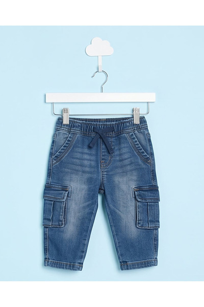 REDTAG Infant Boys Dark Wash Cargo Knit Denim Joggers