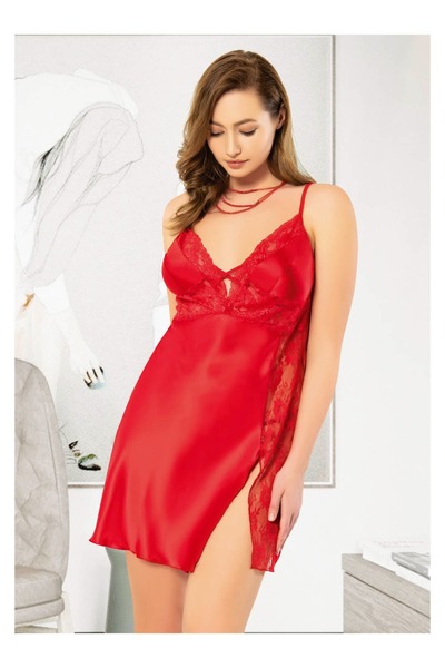 The Avenue Thin Straps Lace Detailed Slit Red Plus Size Satin Nightgown