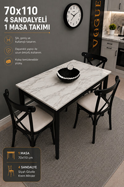 VOGUE TASARIM VE AKSESUAR 70x110 4 Sandalyeli Mutfak Masası Takımı | 4 Kişili...