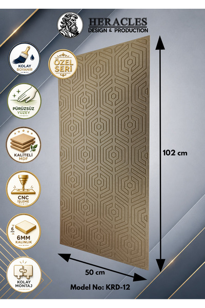 HRC Dizayn (KRD-12) 3D Görünümlü MDF Dekoratif Duvar Paneli 102x50 cm 6 mm CN...