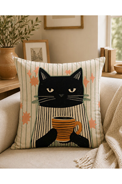 fdm desıgn Retro Kedi Desenli Çift Taraf Baskılı Dekoratif Kırlent Kılıfı 43x43