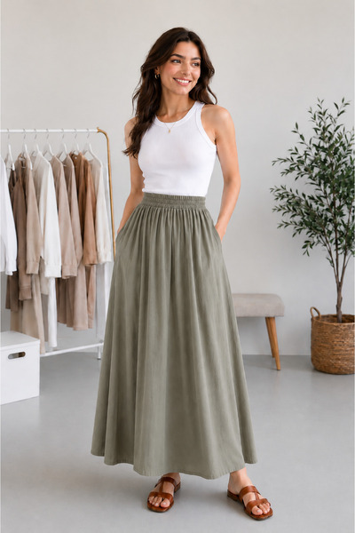 Dream Style تنورة نسائية من قماش التنسل بخصر مطاطي وتفاصيل جيوب