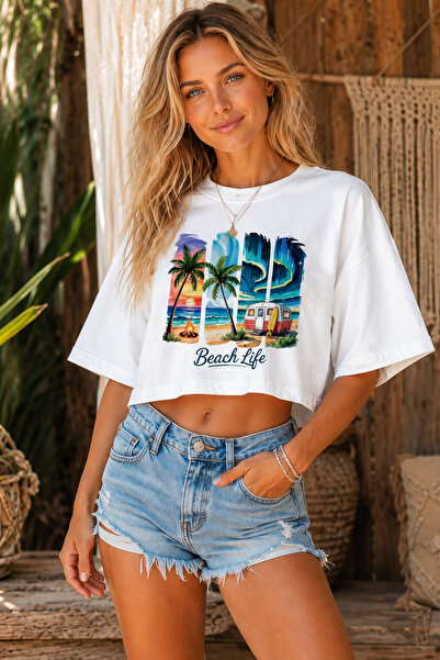 JUSTEVER Tricou de damă din bumbac, scurt, cu guler rotund, alb, cu imprimeu ...