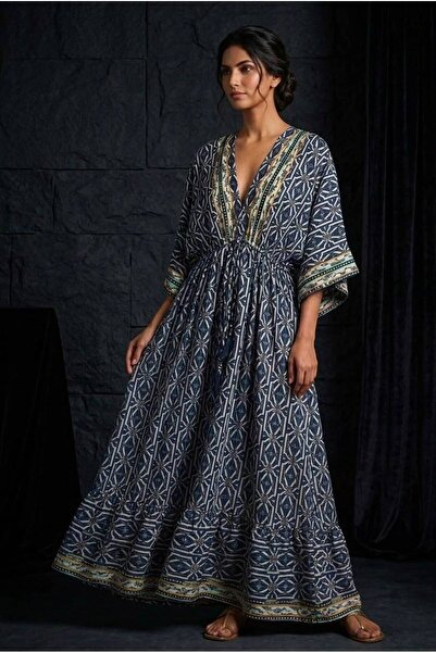 moda gk Ethnic Patterned Shiny Patterned Bohemian Silk Dress