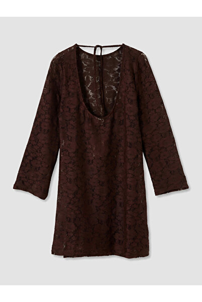 LC Waikiki Brown U-Neck Lace Women's Beach Dress