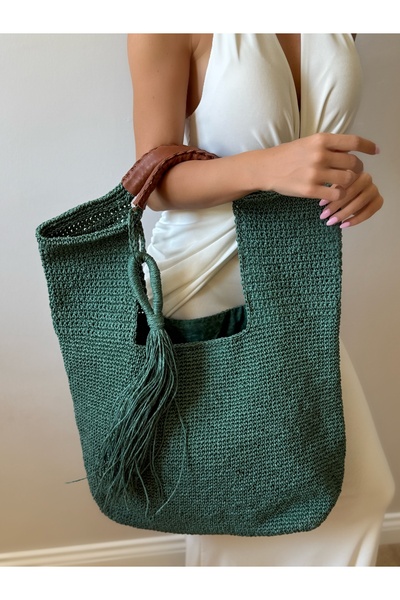 La'Bien Hand Knitted Khaki Green Tote Bag with Tassel Detail, Large Size Shou...