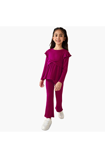 Juniors Round Neck Long Sleeve Top and Flared Pants Set with Ribbed Texture