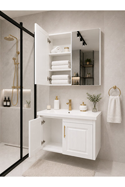 nata Banyo 80 Cm Beyaz Lake Kapaklı Aynalı Banyo Dolabı Takımı Soft Close