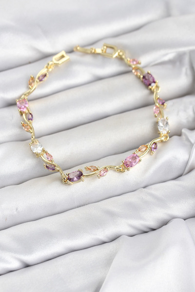 evimdeyokyok Brass Gold Color Pink and Purple Zircon Stone Flower Model Women...
