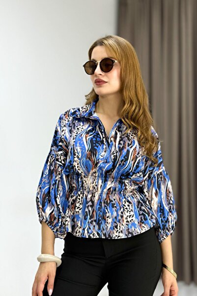 Raneel Kazançlı Alışveriş Women's Satin Elastic Waist Long Sleeve Shirt Navy ...