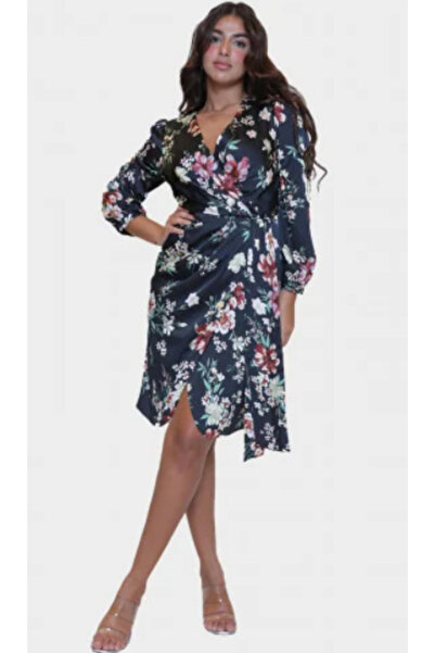 2TRENDY Long-Sleeved Short Dress with Floral Print and Wrap Design and Puffed...