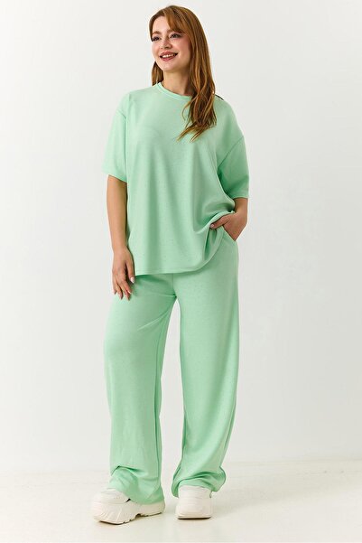 Raneel Kazançlı Alışveriş Women's Stone Detailed Oversize Tracksuit Set Green