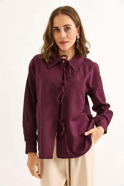 Raneel Kazançlı Alışveriş Women's Stylish Design Shirt with Tie Front in Burgundy