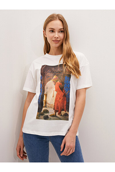 LC Waikiki Tricou de damă din bumbac, cu mânecă scurtă, cu guler rotund, impr...