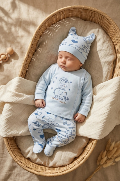 COCSALL Aria Sky Safari 100% Cotton Blue Baby Set 0-3 Months - Top with Side ...