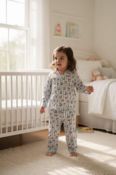 BİANCOFİGLİO Organic Fabric Front Buttoned Cherry Patterned Pajama Set