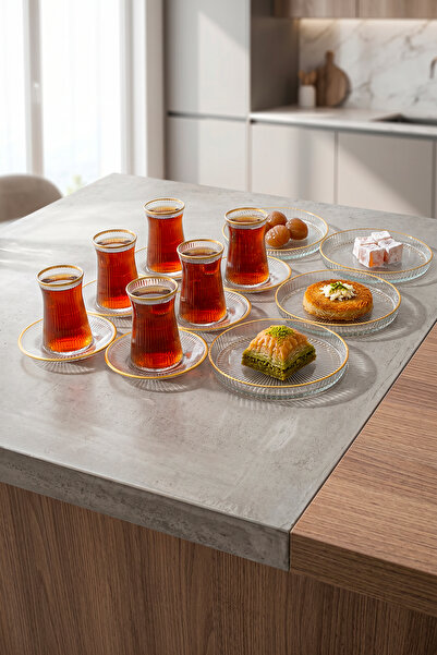 çarşıdayız Sultan Cam Gold Gilded 18 Piece Tea Set Cake Set for 6 People |   ...