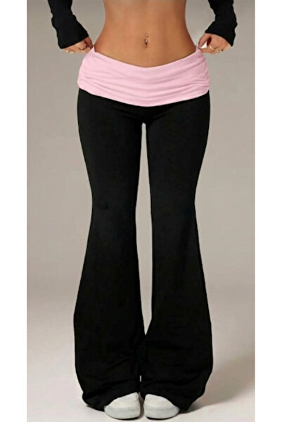 vanilkie Black Color Pink Waistband Folded Waist Elastic Flare Spanish Flare ...