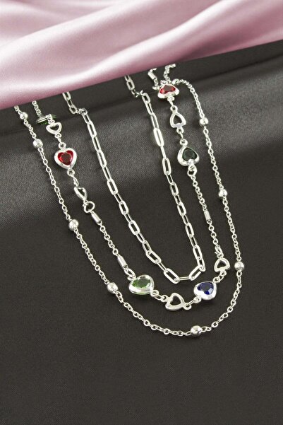Marsilyan Heart Crystal Stone Triple Necklace Ilkel-Bjt940