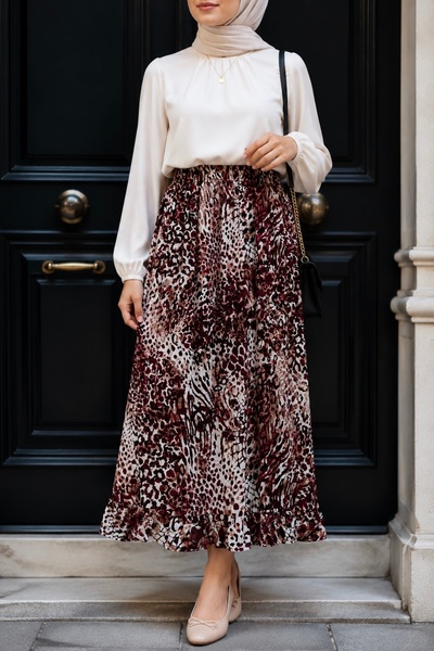 İmajButik Plum Waist Elastic Patterned Viscose Skirt