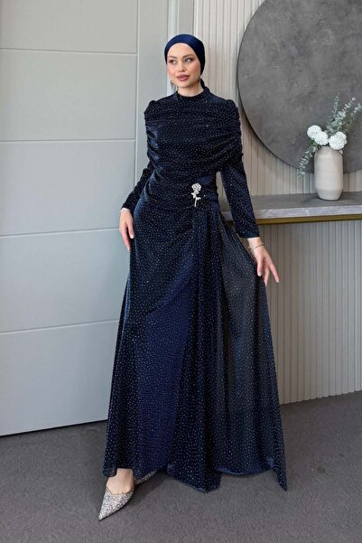 Şulemoda Giyim Lal Stone Draped Evening Dress Navy Blue