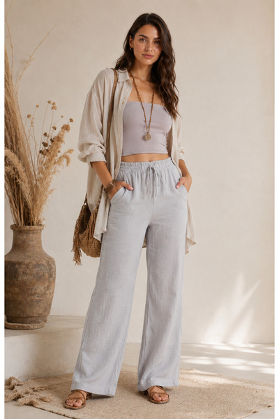 FORMO Women's 100% Natural Cotton Muslin Fabric Quality Wide-Legged Pants wit...