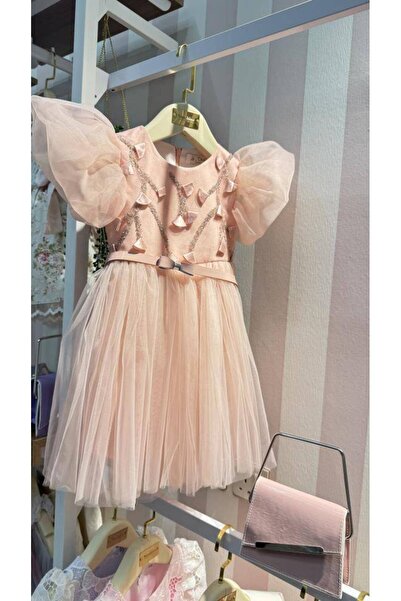 sunshine boutique15 فستان باكمام منفوخه + شنطه - 4 سنوات الطول 58 سم الوسط 56 سم - باودر