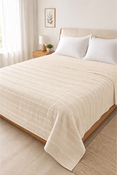 SELORA MAISON Double Pique 100% Cotton Beige Summer Pique Bedspread Breathabl...