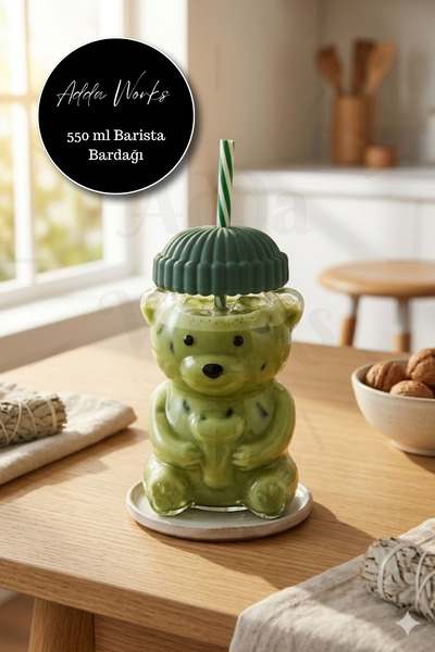 Adda Works Ayıcıklı Cam Bardak 550 ML Pipetli Kapaklı Soğuk İçecek, Kahve, Smoothie, Bubble Tea, Barista Bardağı