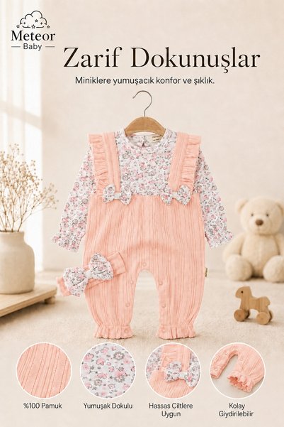 METEOR BABY Baby Girl Set - Floral Patterned Bow Detailed Salopet Look Jumpsuit Set 0 3 6 9 12 Months