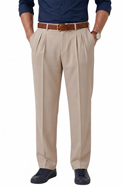 Rizz up Cream Baggy Fit Pleated Fabric Trousers – Lycra, Elastic Waist, Comfo...