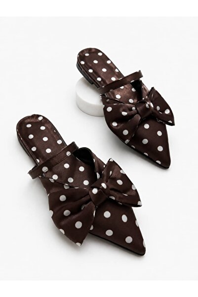 diclepolat Women's Slippers Brown White Polka Dot Bow Detailed Pointed Toe St...