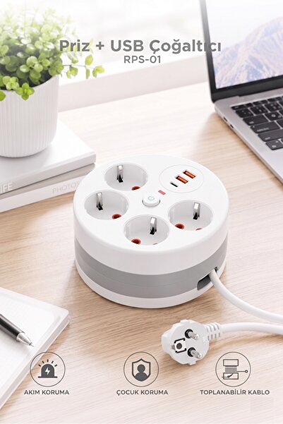 Başkenttekno Akım Korumalı Makaralı Priz 3 Port USB Çoğaltıcı Grup Priz 3M RP...