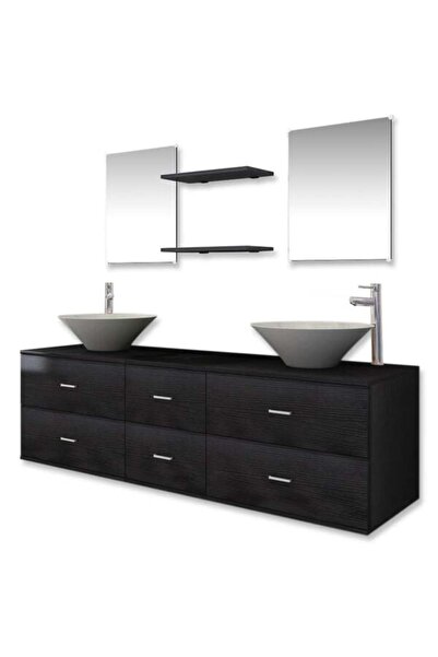 vidaxl Set mobilier de baie, 9 piese, cu lavoar și robinet, negru