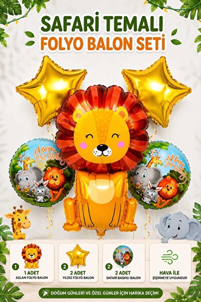 FESTİLO Safari Themed Foil Balloon Set with Lion Figure 5 Pieces Birthday Par...