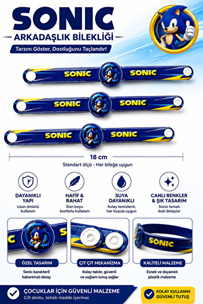 DODOMAR Sonic Temalı 3'lü Çıtçıtlı Kanka Bileklik Seti 18 cm Plastik Çocuk Ar...